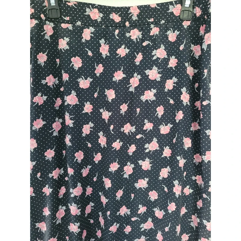 Russ Vintage Black Women's‎ Pink Floral Polka Dot Pleated Midi Skirt Size 14 #1